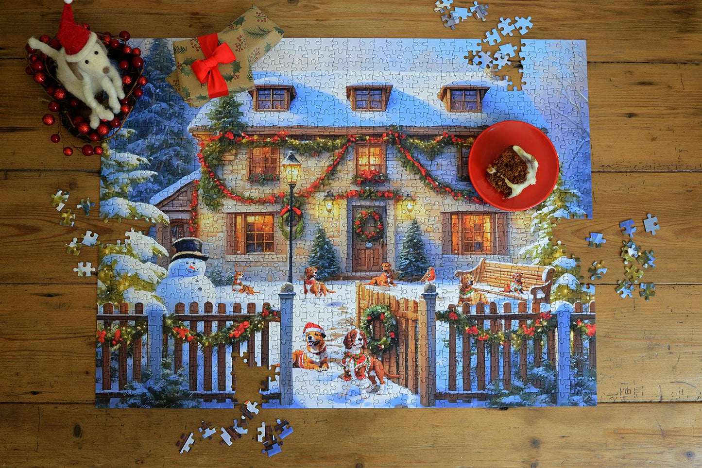 Dogs in a Christmas Cottage Garden 1000 or 500 Piece Jigsaw Puzzle