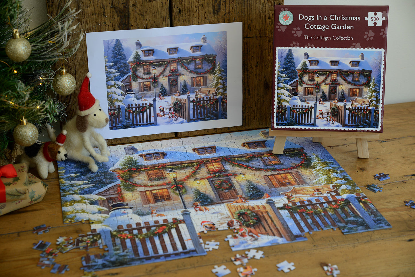 Dogs in a Christmas Cottage Garden 1000 or 500 Piece Jigsaw Puzzle