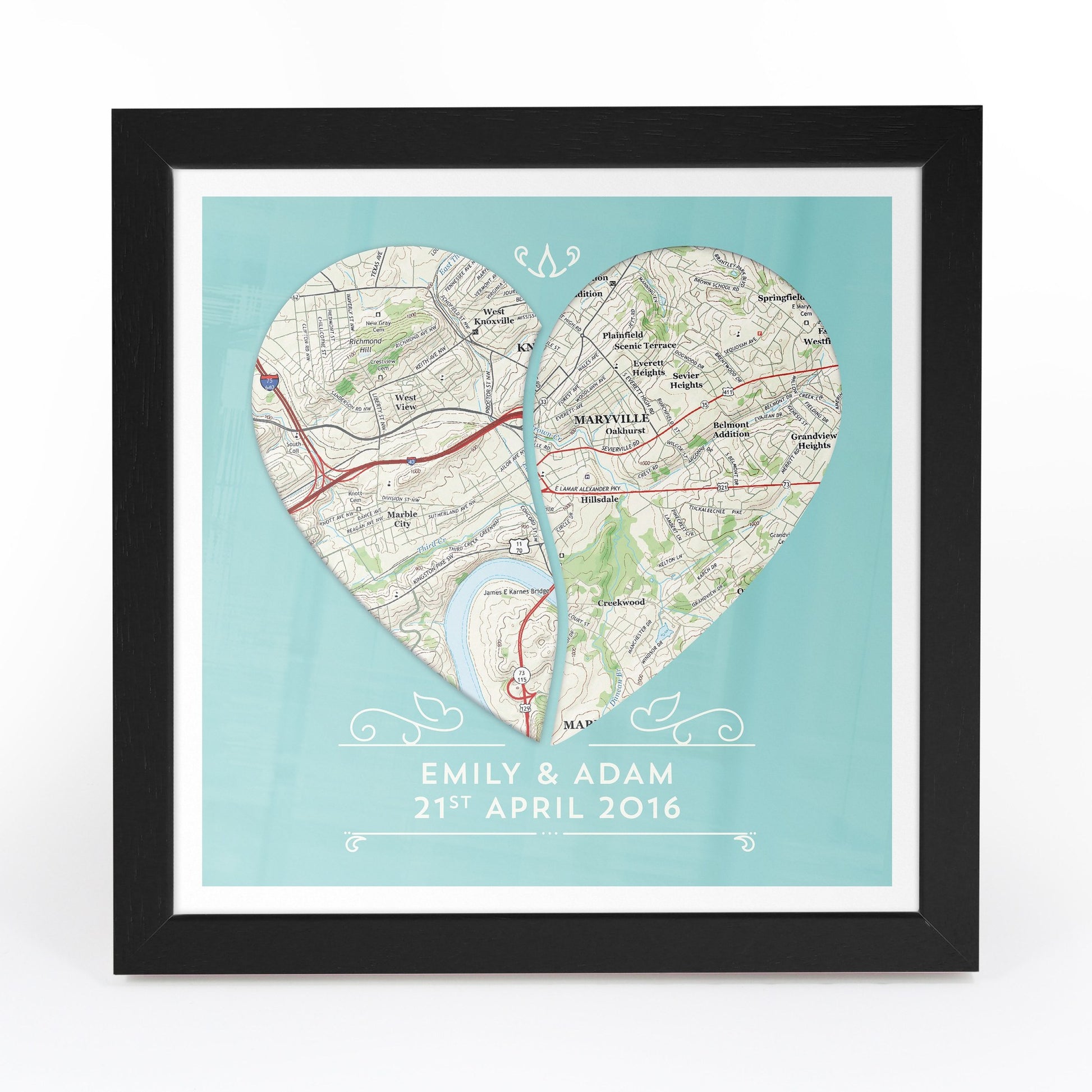 US Wall Art - Twin Heart Personalized Framed US Map Print