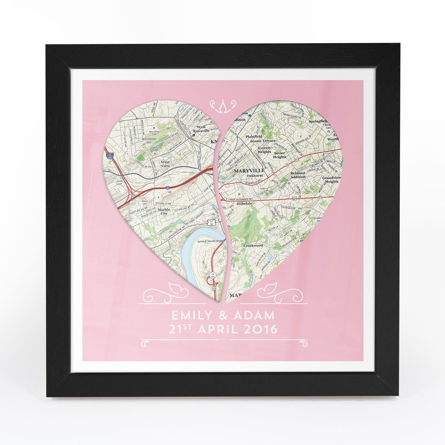 US Wall Art - Twin Heart Personalized Framed US Map Print