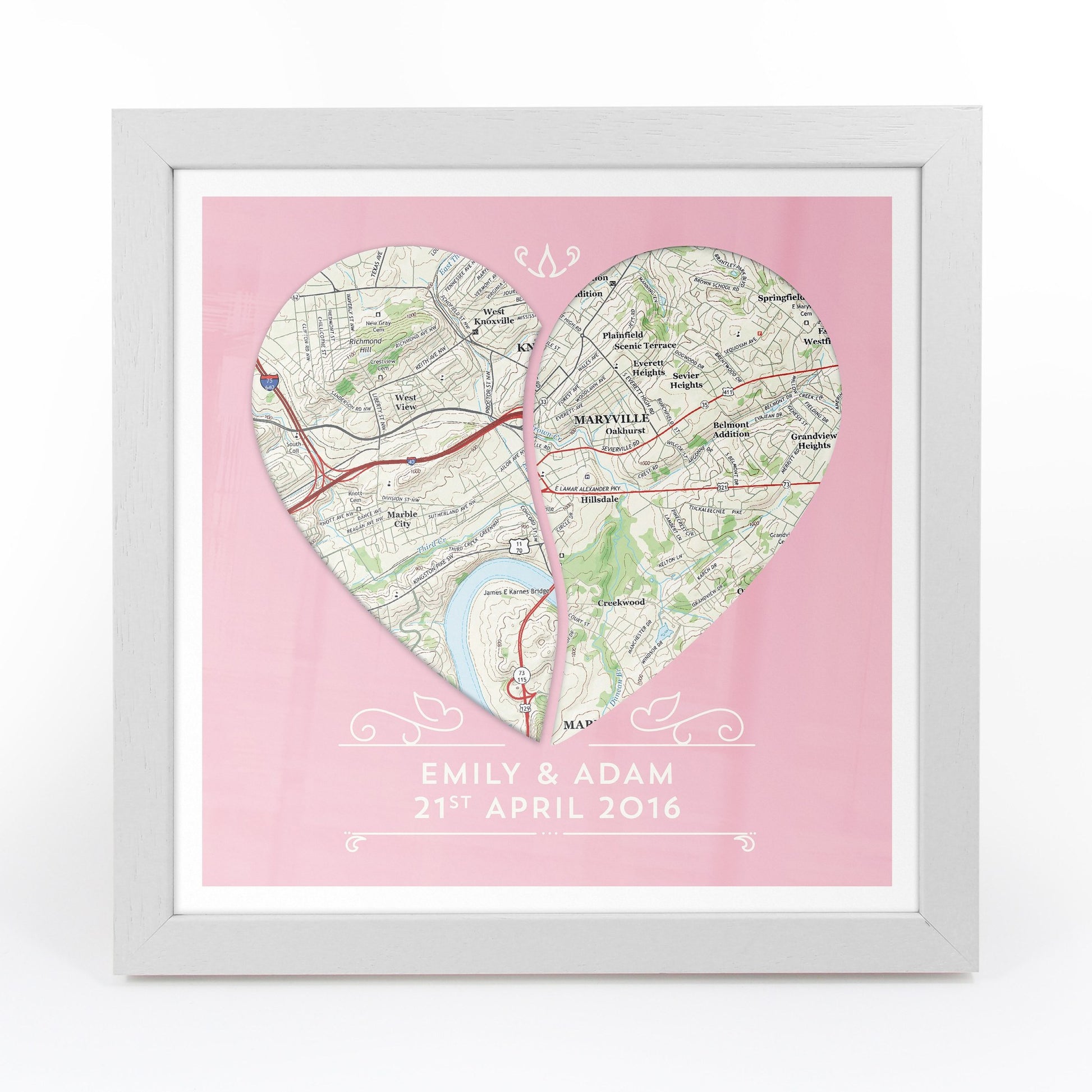 US Wall Art - Twin Heart Personalized Framed US Map Print